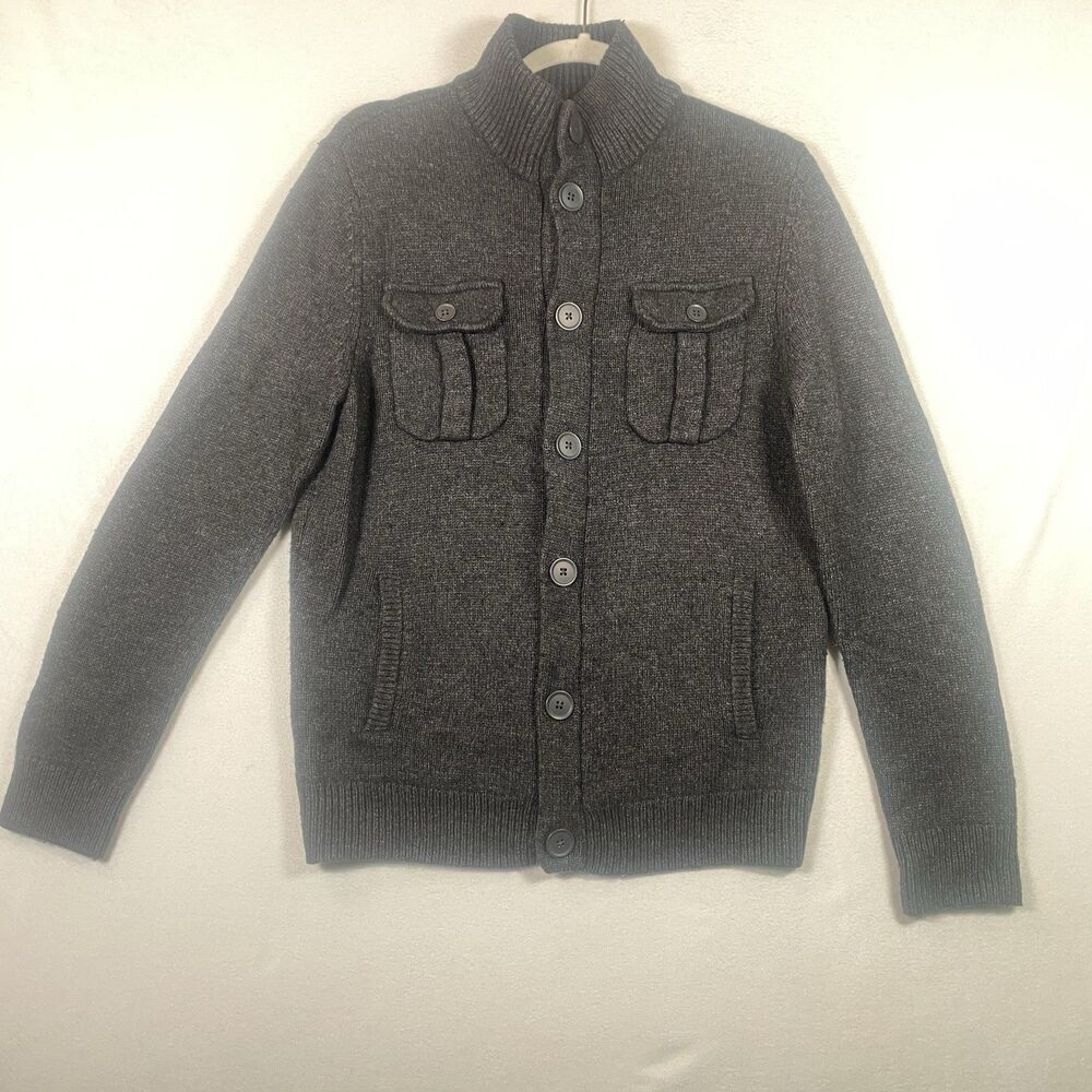 Express Men’s Wool Blend Mock Neck Utility Cardigan Sweater Gray Size M